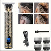 A professional electric hair clipper with a decorative body and multiple cutting attachments shown in various usage angles.