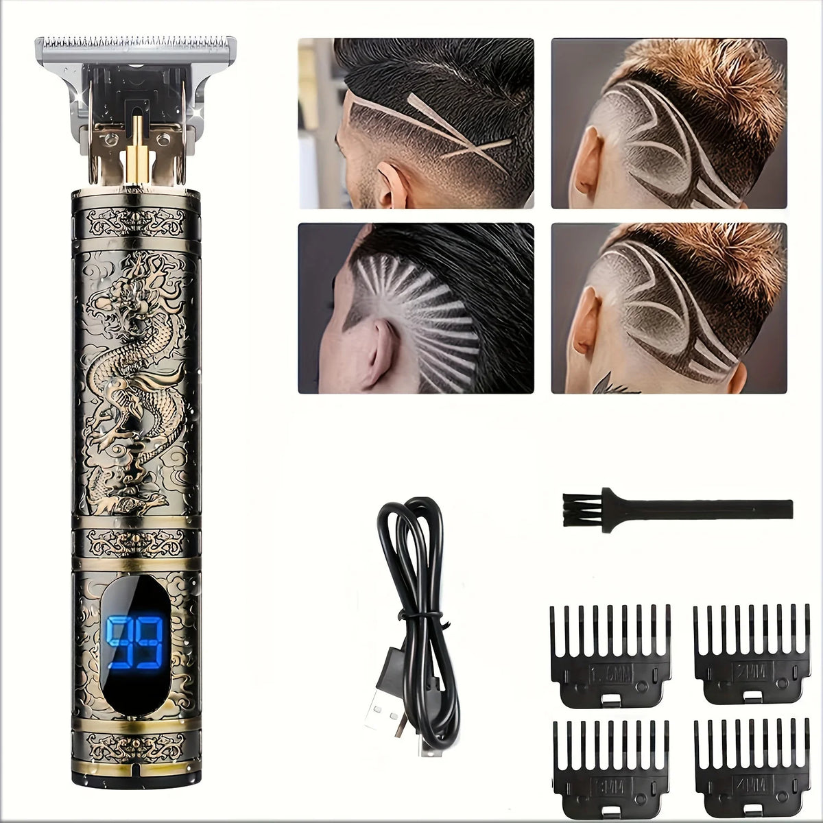 A professional electric hair clipper with a decorative body and multiple cutting attachments shown in various usage angles.