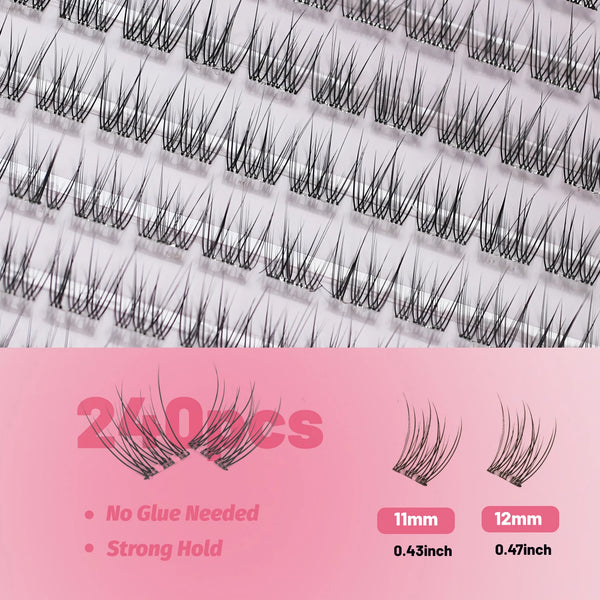 Close-up view of press-on eyelash clusters in 11mm and 12mm sizes for a natural look