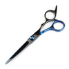 A pair of professional stainless steel hair cutting scissors with blue accents.