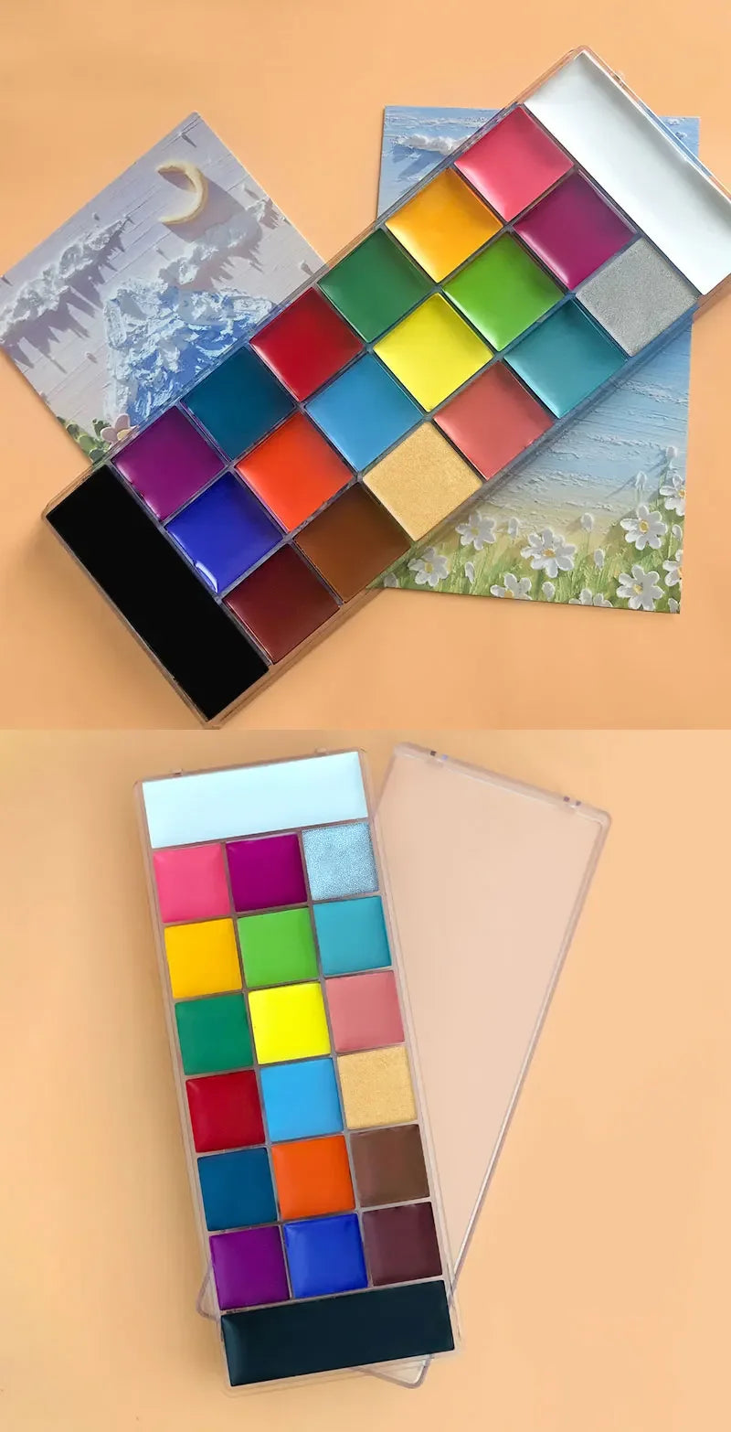 A palette of 20 non-toxic body paint colors arranged in a grid format for art and cosplay use.