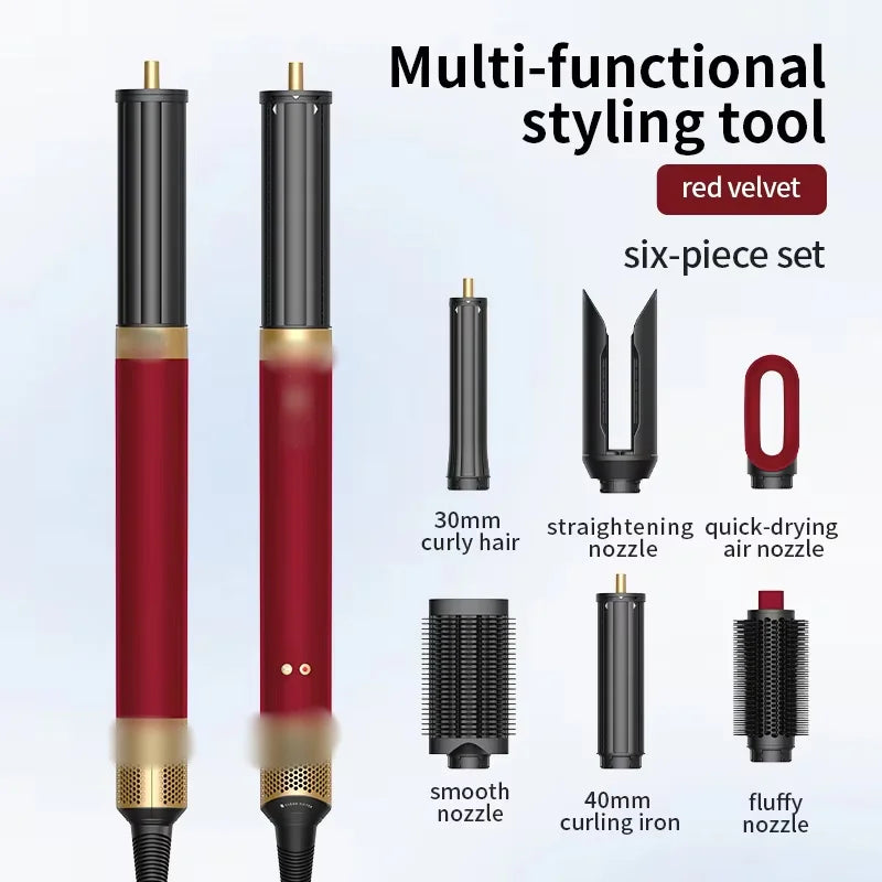 A multi-functional styling tool set featuring a red velvet hair iron and various nozzles for curling, straightening, and dryi