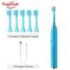 A blue ultrasonic electric toothbrush with one handle and six medium replacement heads shown alongside the charging version.
