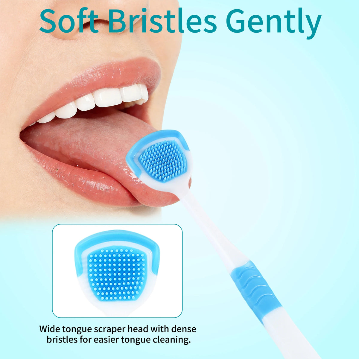A close-up of a person gently using a blue silicone tongue scraper on their tongue, with an inset showing the wide bristles o