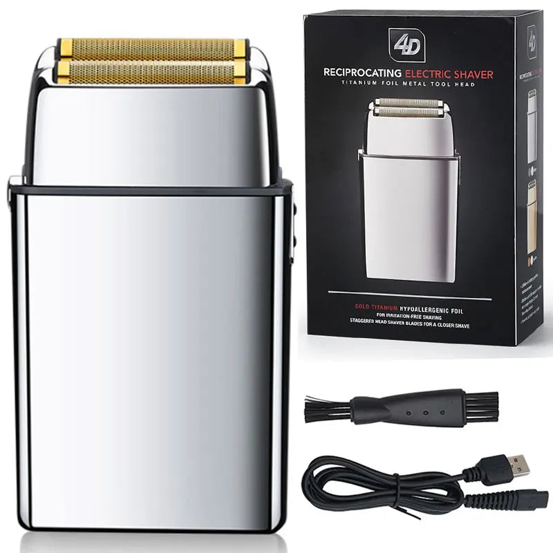 A silver electric shaver with a gold foil head and charging cable is shown in its packaging.