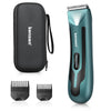 A teal electric body hair trimmer with a black carrying case and replacement ceramic blades shown alongside.