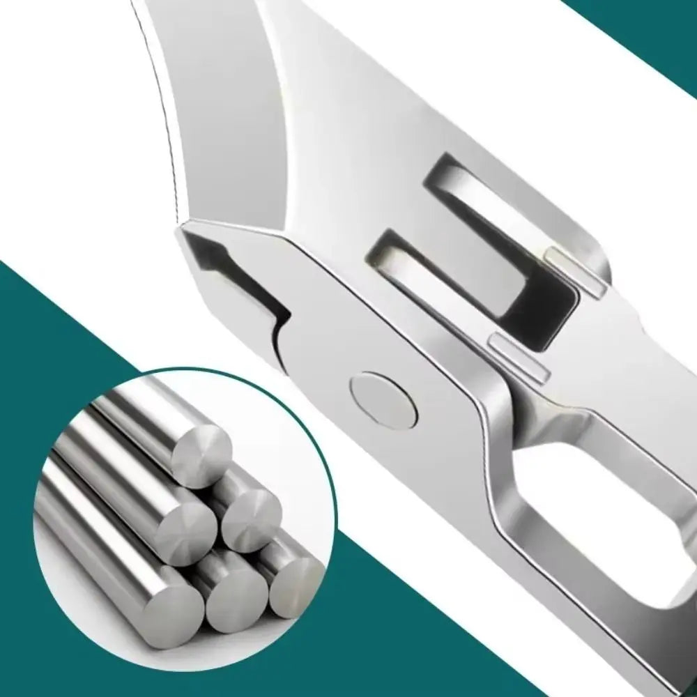 A close-up view of a stainless steel slant edge nail clipper tool.