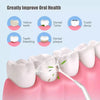 A white oral irrigator device is shown cleaning a pink gum area, with surrounding icons illustrating benefits like removing y