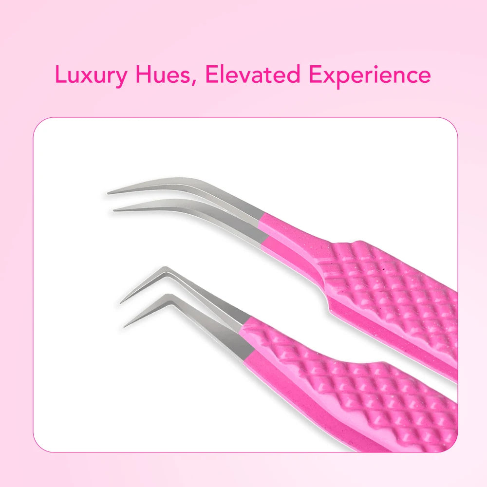 Une paire de pinces inoxydables roses et argentées de haute précision pour extensions de cils.