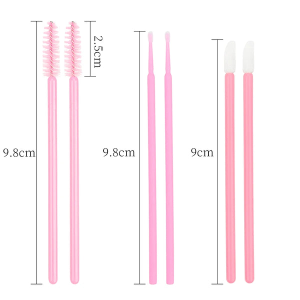 A set of pink disposable makeup brush applicators shown with various sizes and lengths.
