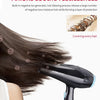 A black hair dryer is shown in use on dark hair, demonstrating the function of generating negative ions for hair protection.