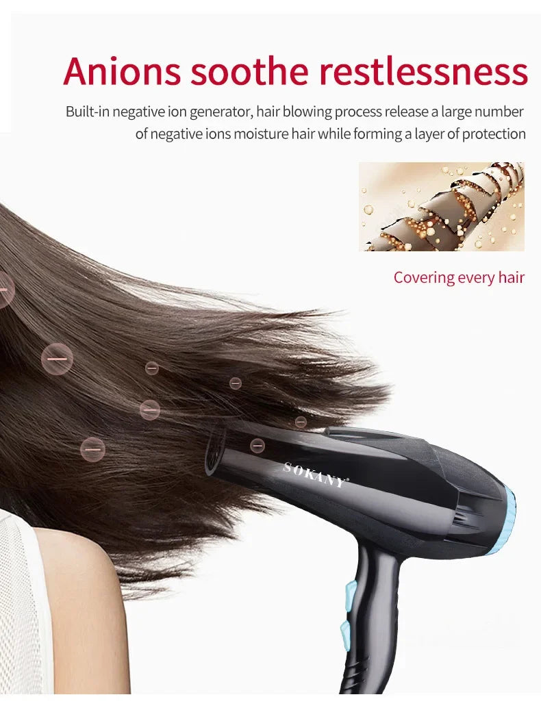 A black hair dryer is shown in use on dark hair, demonstrating the function of generating negative ions for hair protection.