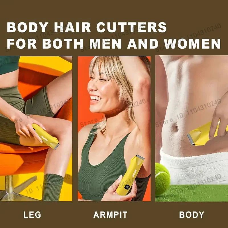 Close-up shots of Body Hair Cutters used on a leg, armpit, and body area.