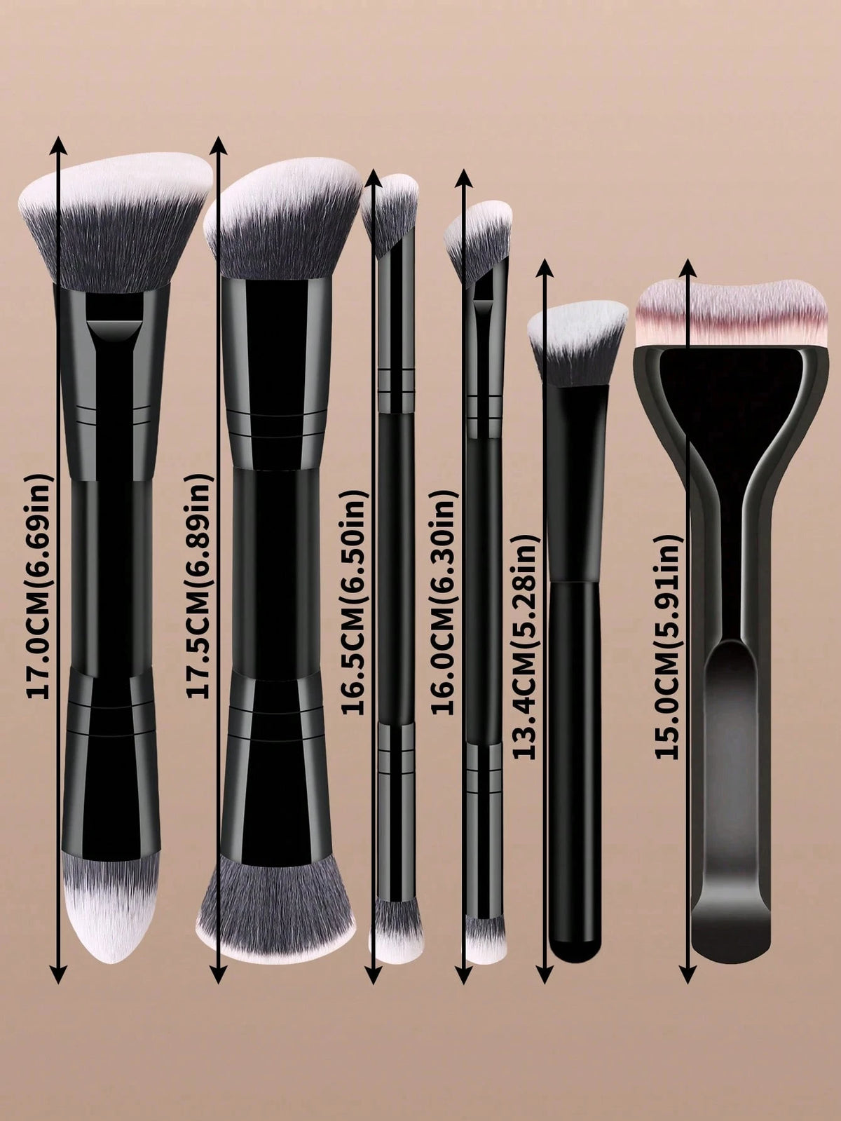 A set of six dual-ended makeup brushes with varying sizes and shapes shown standing upright.