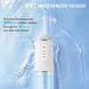 A white rechargeable oral irrigator water flosser is shown being used in water, highlighting its IPX7 waterproof design.