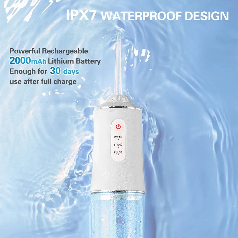 A white rechargeable oral irrigator water flosser is shown being used in water, highlighting its IPX7 waterproof design.