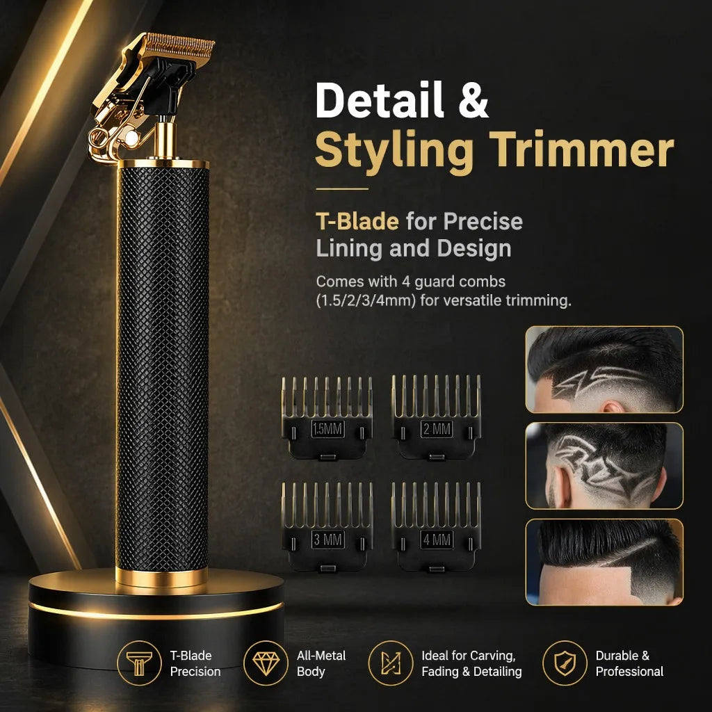 Detail & Styling Trimmer featuring a T-Blade for precise lining and design with four guards.