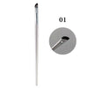 A long, silver ultra-thin angled eyeliner brush shown next to a circular inset view.