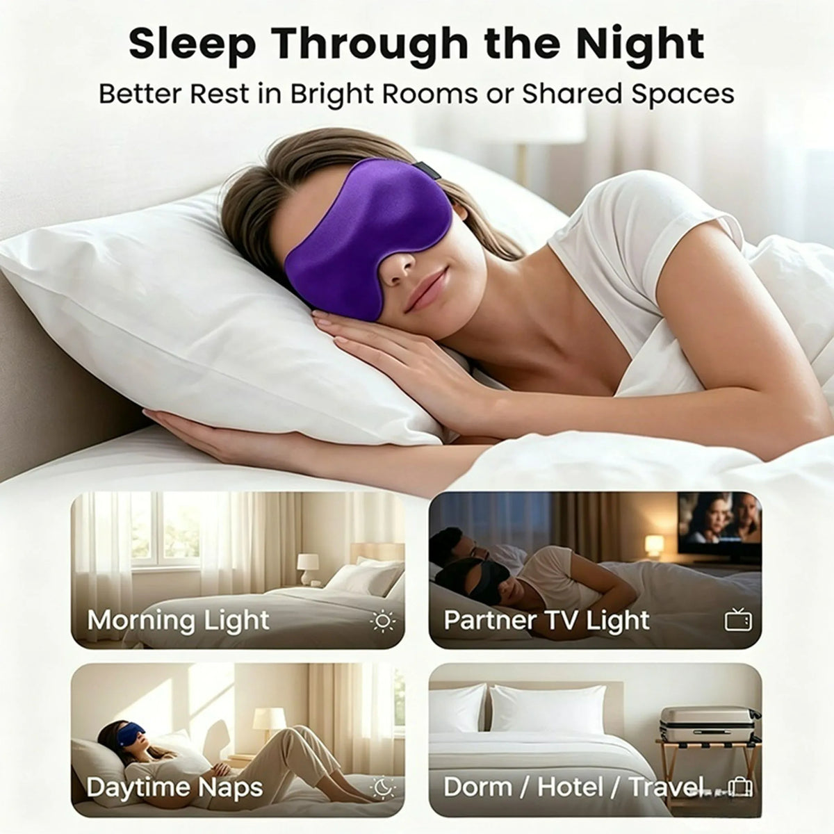 Une femme dort confortablement avec un masque de sommeil violet dans une pièce lumineuse, démontrant un meilleur repos.