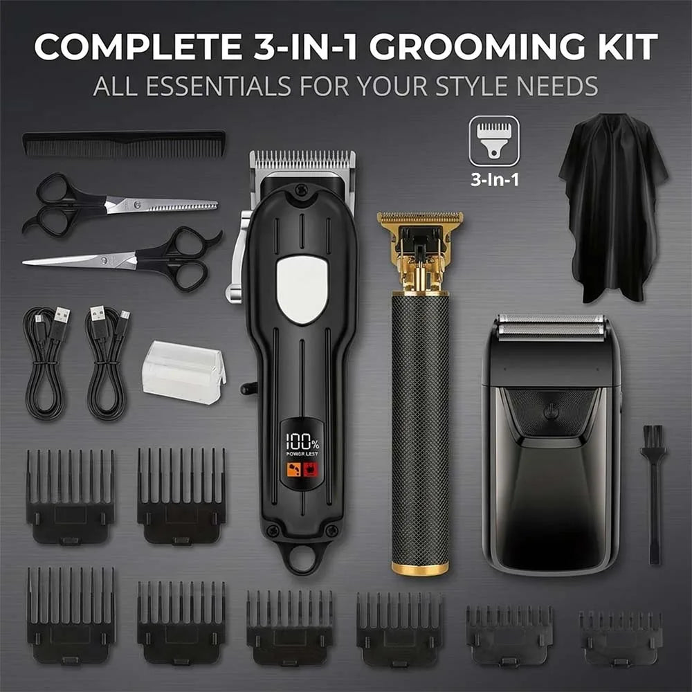 Komplettes 3-in-1-Grooming-Set mit Haarschneidewerkzeugen wie Klingen, Scheren, Kämme und Trimmen