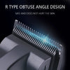 Close-up of an R type obtuse angle design electric hair clipper blade with blue light visible.