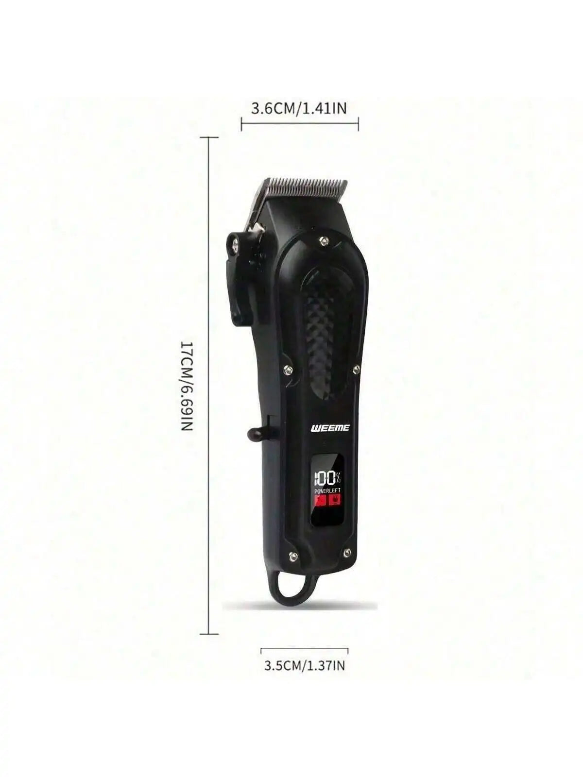 Schwarzer kabelloser USB-Lade-Haar- und Barttrimmer mit Maßen.