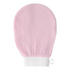 A pink exfoliating scrub glove with a white wrist strap.