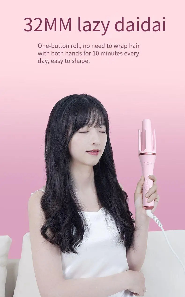 A woman is using a pink automatic hair curling iron to style her long black hair.
