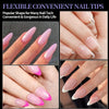 Close-up photo showing various flexible convenient nail tips in pink and nude shades on fingers.