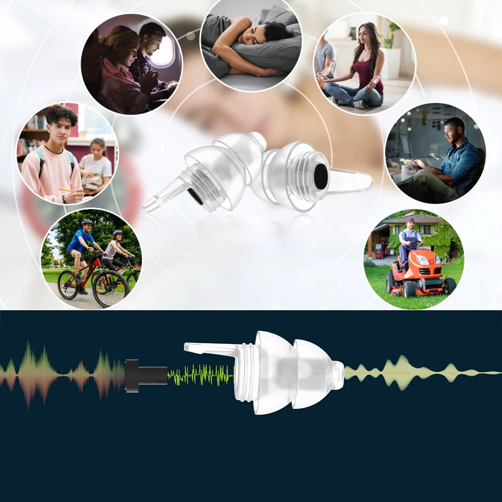 Tapones reutilizables de silicona mostrados junto a diversas actividades como conciertos y deportes al aire libre.