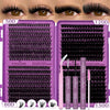 A set of DIY eyelash cluster kits shown with various lash lengths and durations, including 50D, 60D, 120D, and 150D.