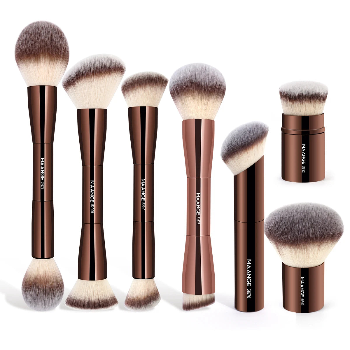 A set of five brown makeup brushes with fluffy bristles and gold-toned handles.