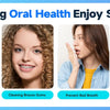 Five different benefits of the Enjoy Smile Lite oral health product shown through close-up images.