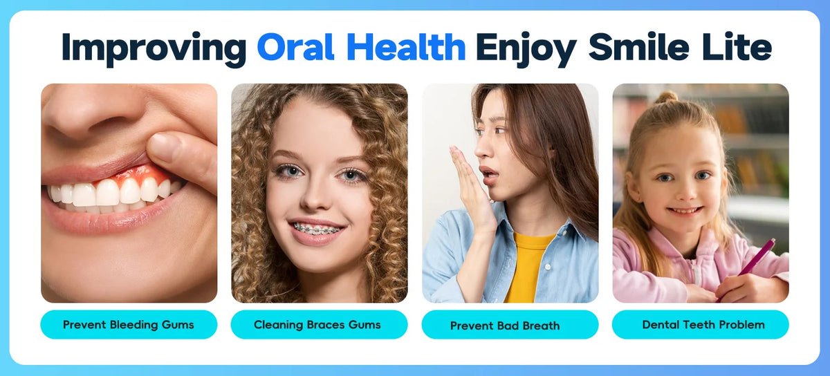 Five different benefits of the Enjoy Smile Lite oral health product shown through close-up images.