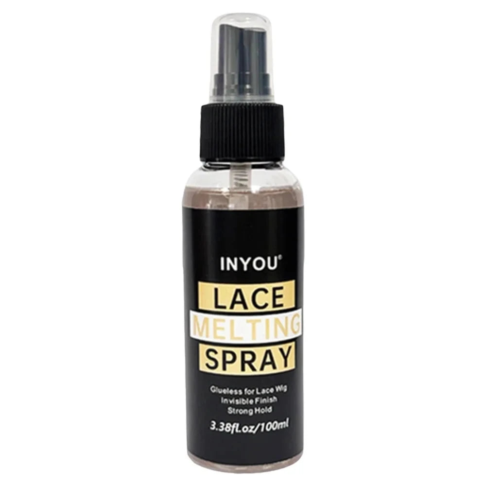 A glass bottle of Inyou Lace Melting Spray with a black pump dispenser.