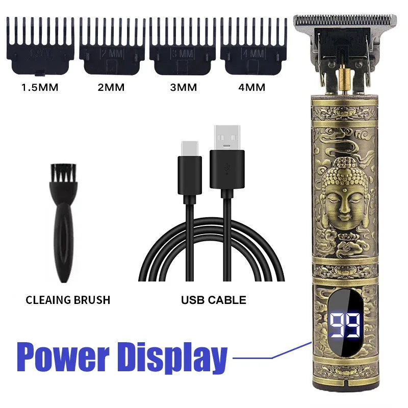 A professional cordless hair trimmer with various guard sizes, a cleaning brush, and a USB cable connected to a power display