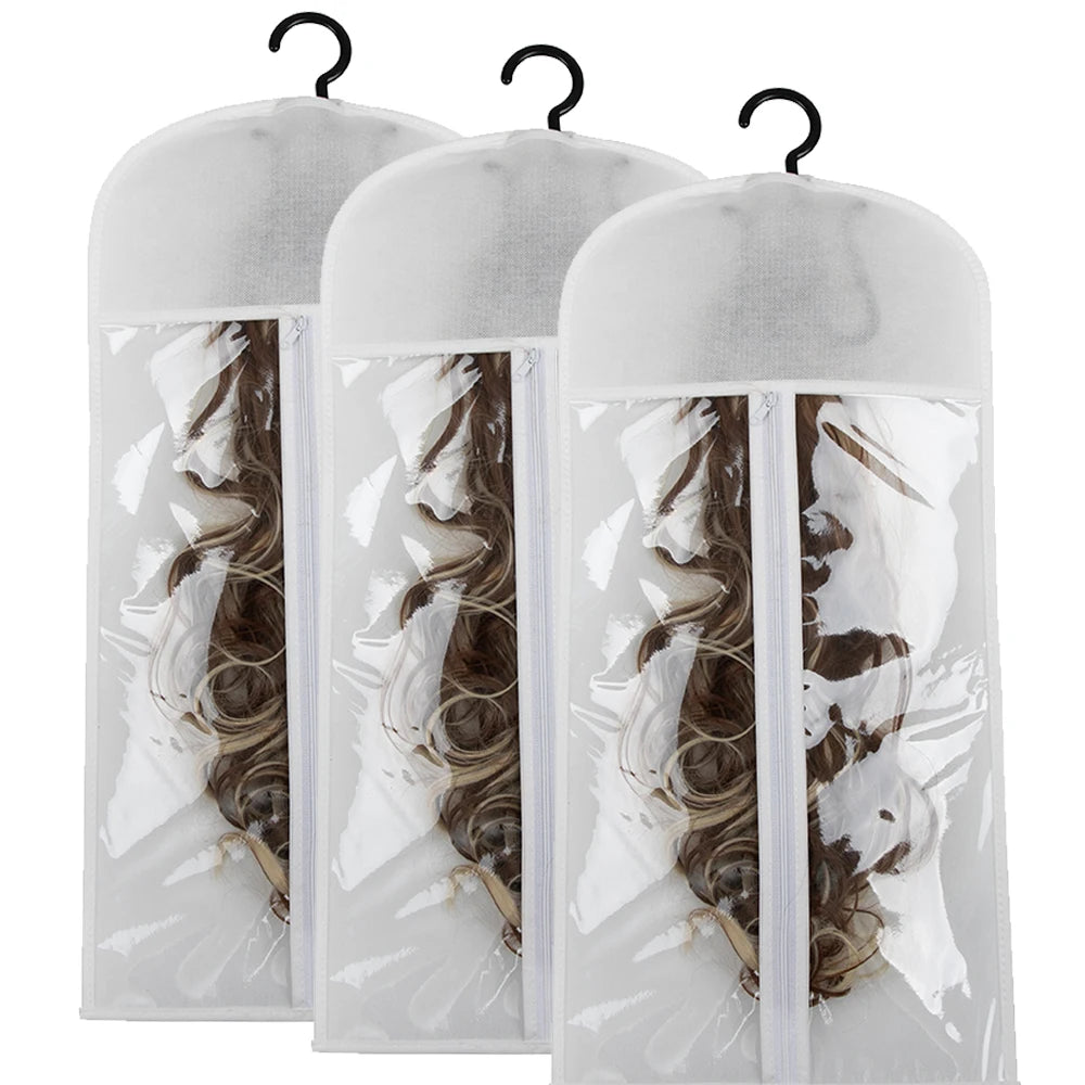 Three clear plastic wig storage bags with metal hangers for storing wigs