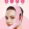 A woman is wearing a pink V-face chin strap for facial slimming, highlighting its washable, reusable, and allergen-free featu