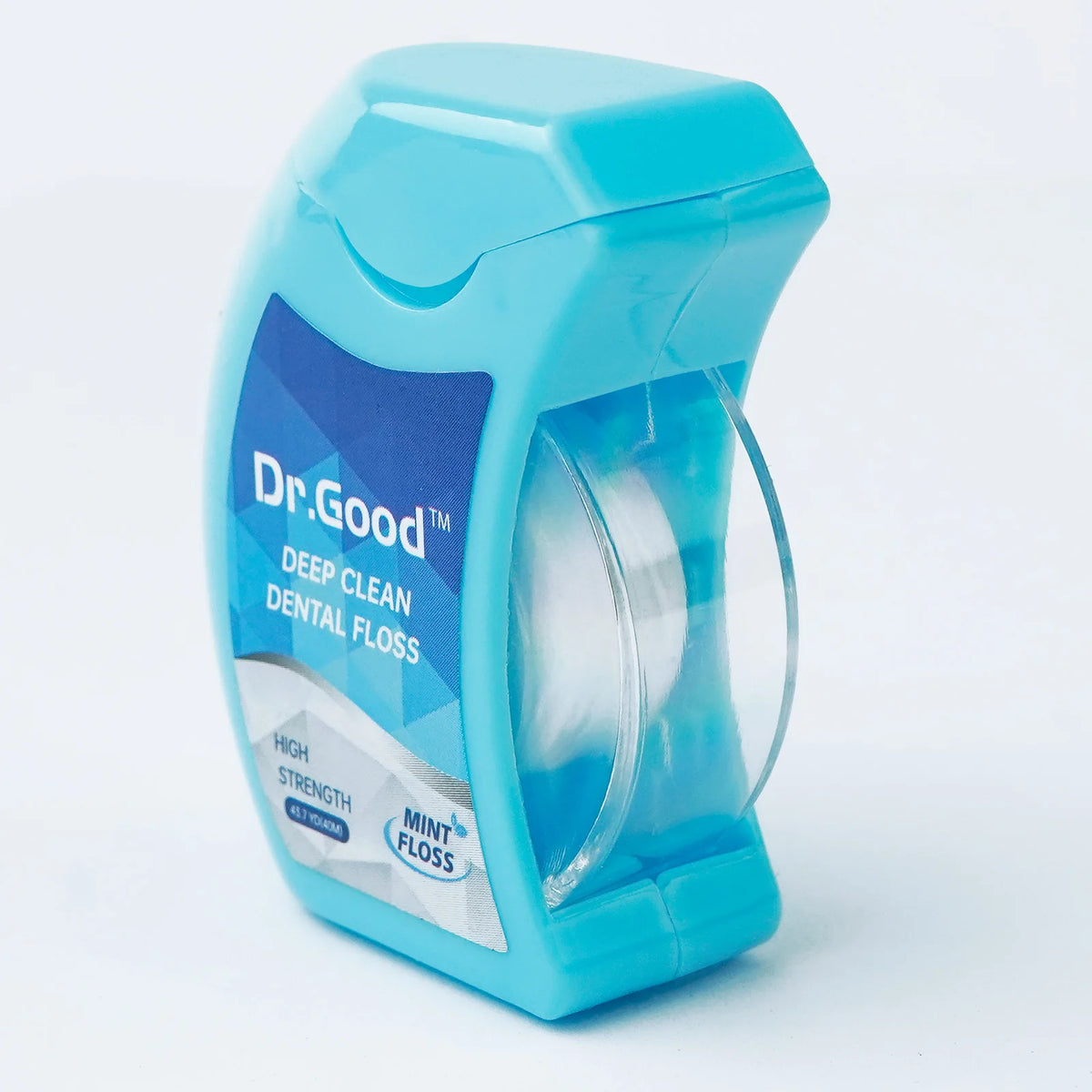 A light blue plastic container of Dr.Good deep clean dental floss with a clear dispenser.