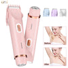 Pink multi-function electric hair and body shaver with various attachments shown before and after use.
