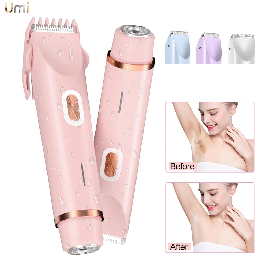 Pink multi-function electric hair and body shaver with various attachments shown before and after use.