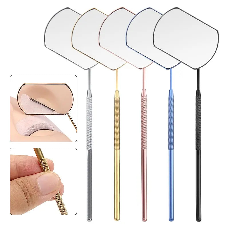A set of professional stainless steel lash extension mirrors in various shades and finishes.