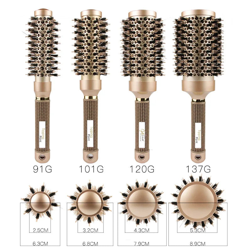 Ein Set aus vier professionellen runden Haarbändlern in verschiedenen Größen und Farben mit den entsprechenden Maßen.