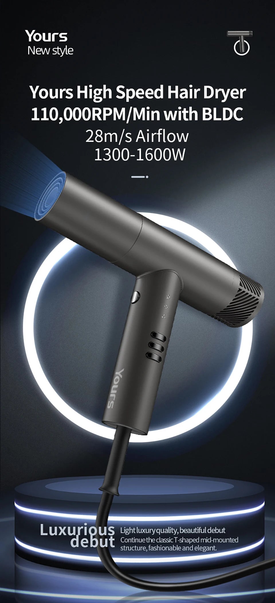 A black Yours high-speed hair dryer with a blue light ring is shown against a dark background.