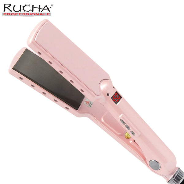 Plancha de pelo profesional de titanio rosa con placa oscura y pantalla digital.