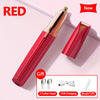 Red precision electric eyebrow trimmer with two cutter heads and USB charging cable