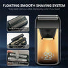 A close-up view of a professional electric double-blade hair shaver in gold and black, showing its design features.