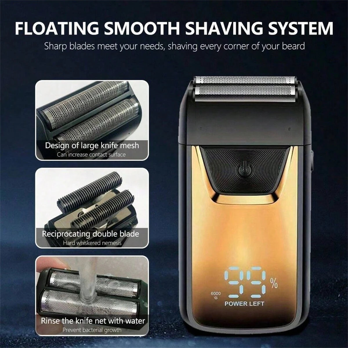 A close-up view of a professional electric double-blade hair shaver in gold and black, showing its design features.