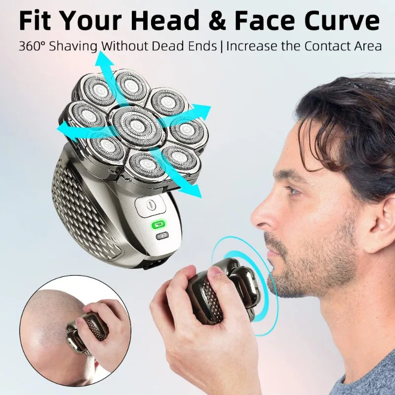 A man is using an electric head shaver to trim his beard, demonstrating the product's fit and contact area.