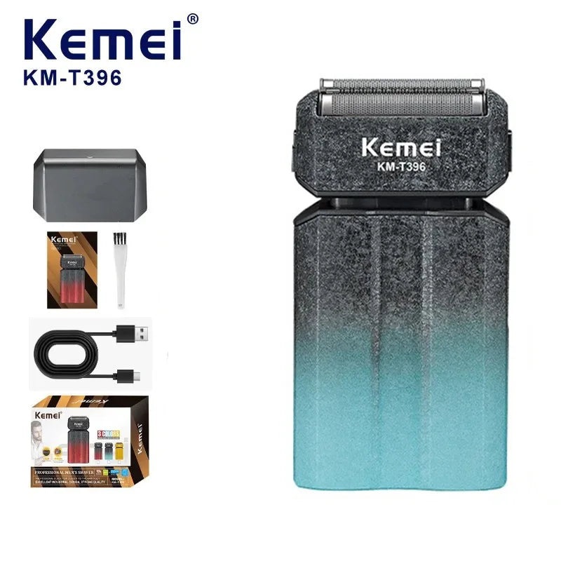 A Kemei KM-T396 electric foil shaver in a dark gray and teal color, shown with its components.